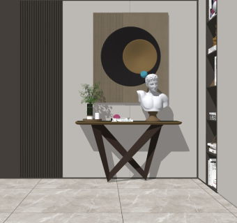 现代玄关厅背景墙装饰画盆栽石膏雕塑书柜书籍摆件儿